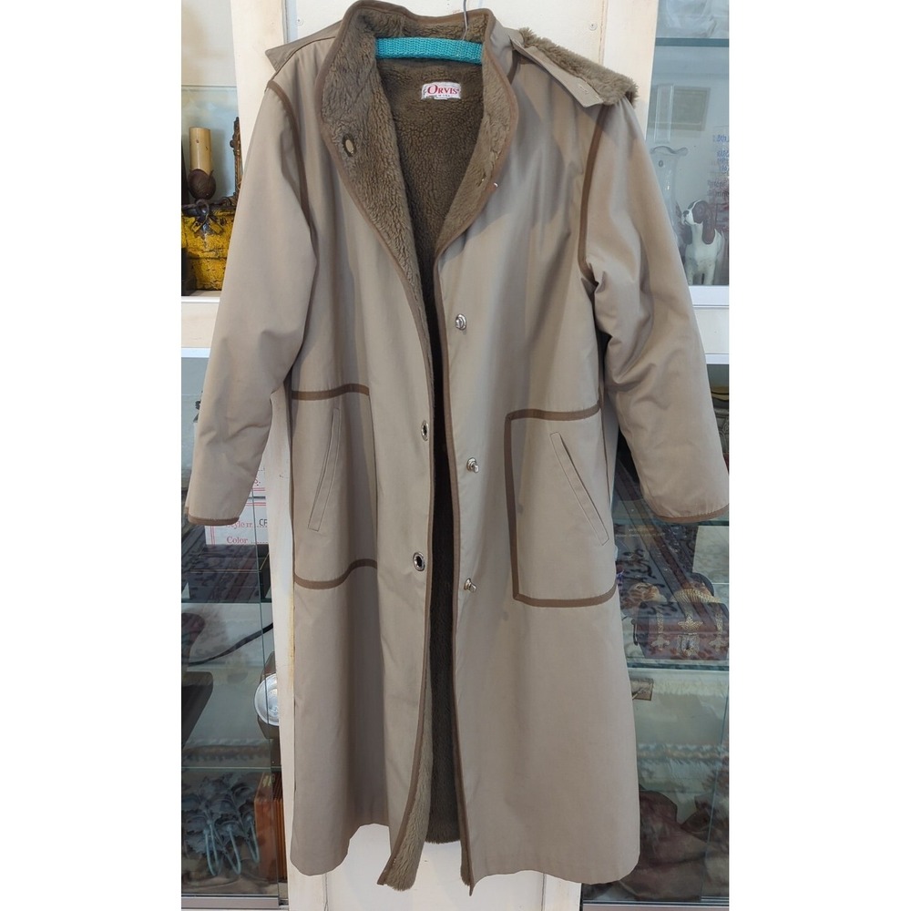 Vintage Orvis Canvas Sherpa Fur Trench Coat Jacket‎ Long Womens 10 Brown Taupe